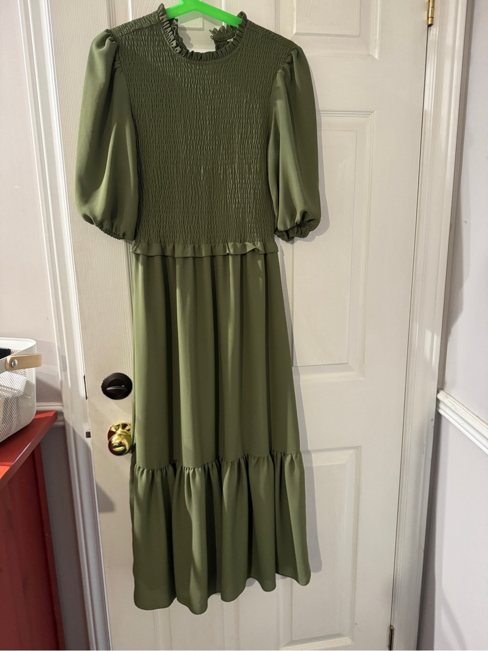 Nanette Lepore Olive Green Smocked Maxi Dress with Puff Sleeves